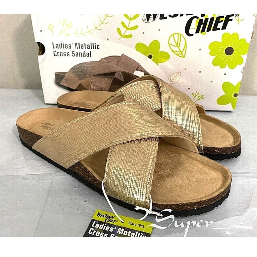 NEW Western Chief Women's Metallic Cross Sandals GOLD